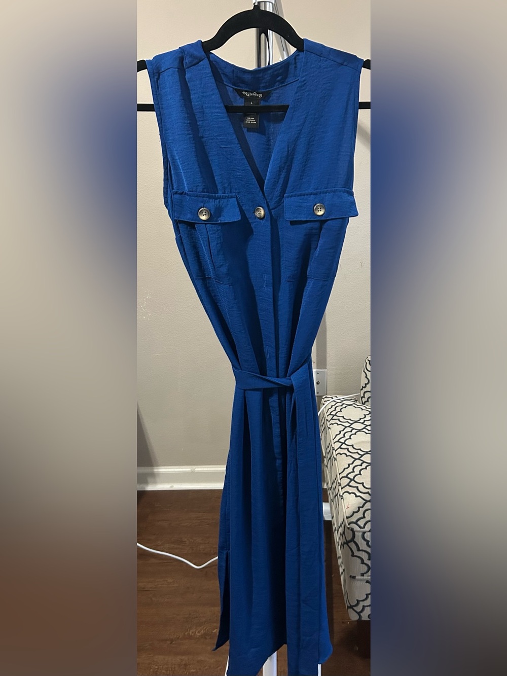 Blue Button-Front Belted Dress